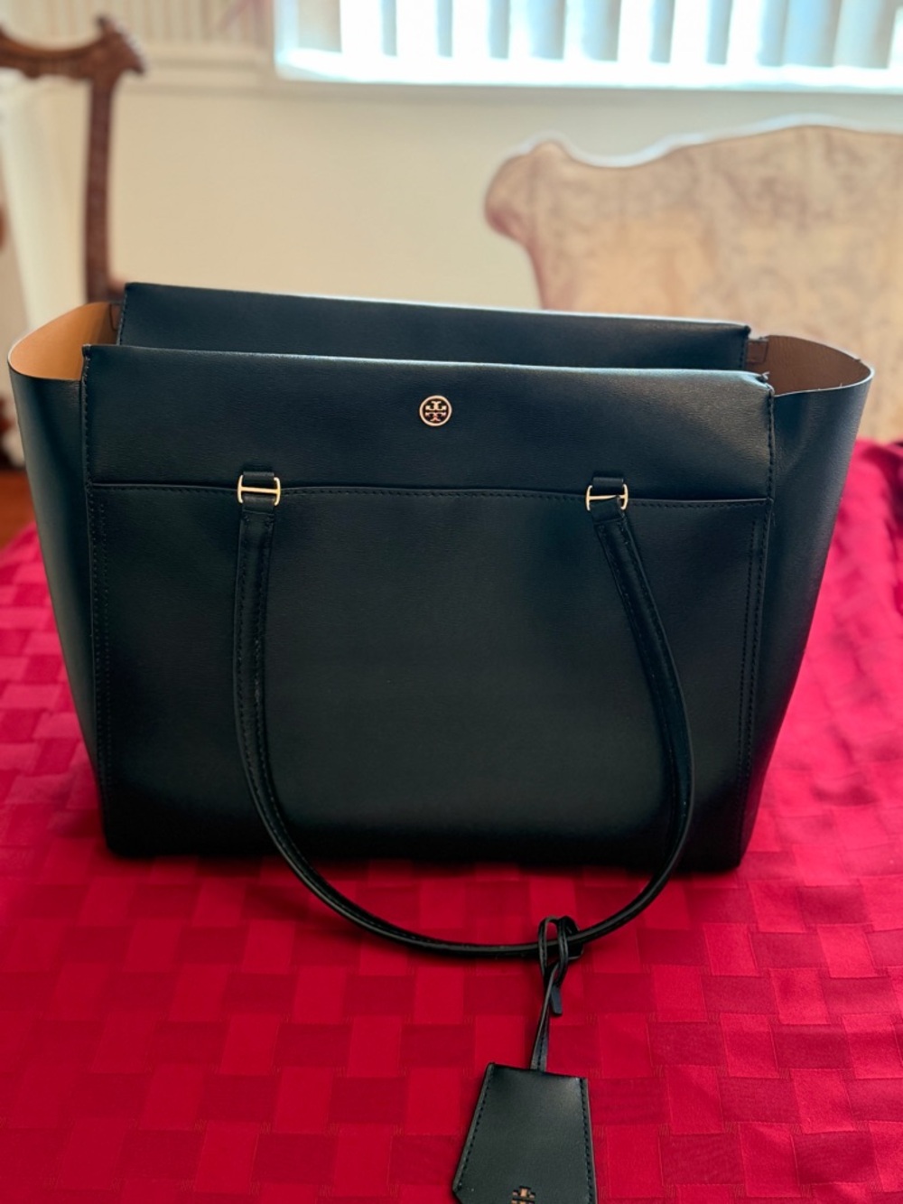 Tory Burch Black Leather Double-Compartment Tote with Gold Logo